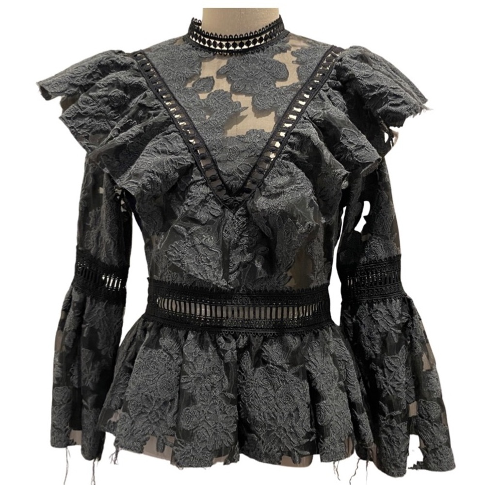 Sea New York Ruffled Lace Peplum Top,Size 4, Black Grey